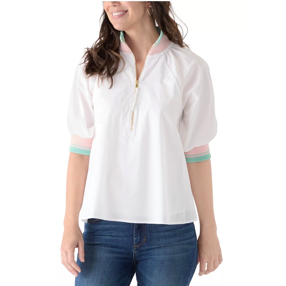 Crown & Ivy Womens XL White Seersucker Quarter Zip Puff Sleeve Blouse Pink Green
